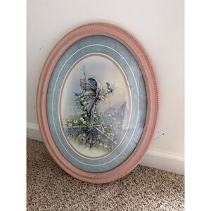 Oval Framed Country Scene Bluebird Mailbox Floral‎ Print Pink Framed powder room